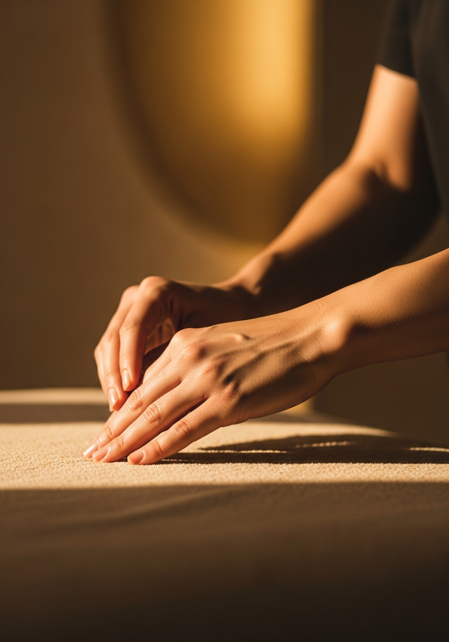 Skilled therapeutic hands at work in warm golden light